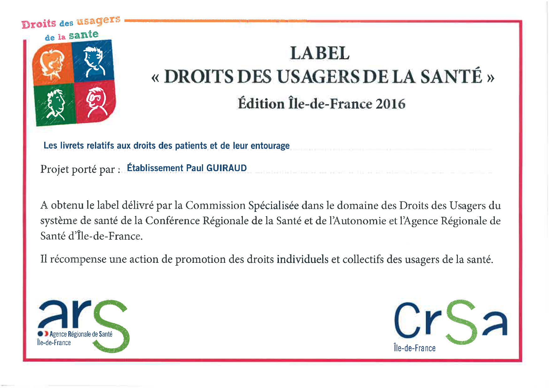 Label livret relatifs aux droits des patients et de leur entourage